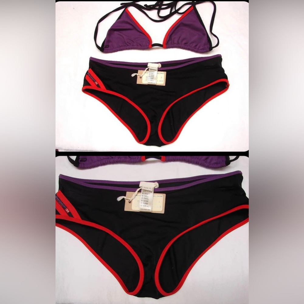 NWT $65 DIESEL BIKINI / SWIM SUIT - BLACK/PURPLE/RED SIZE (M - BOTTOM) (36 TOP)